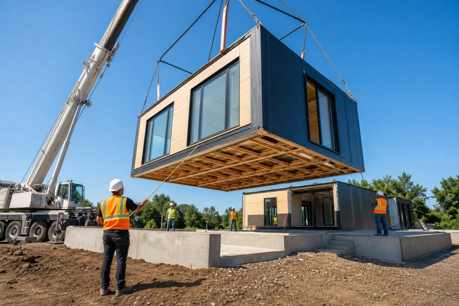 Modular building section being set by crane in Texas