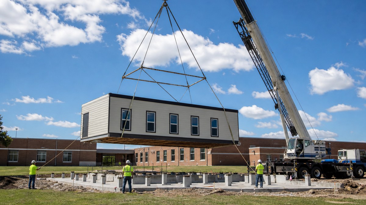 Crane setting a modular classroom section onto a prepared foundation at a Texas school