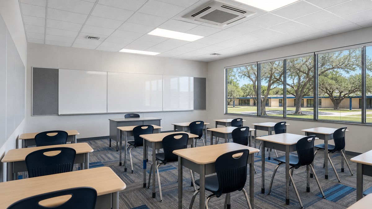 Bright interior of a portable classroom with student desks, whiteboard and large windows